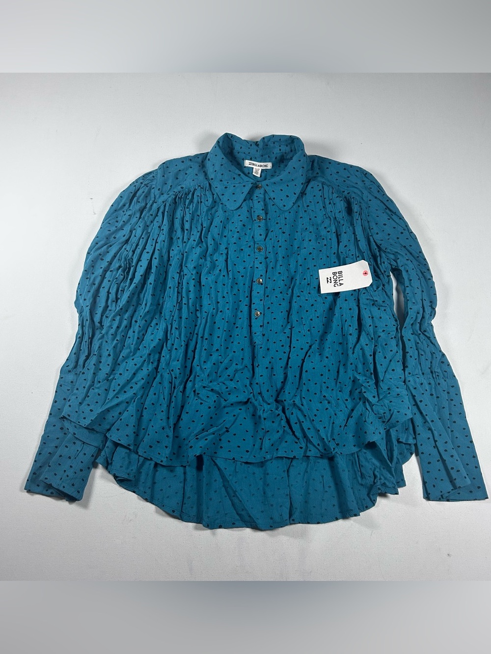 WOMENS BILLABONG Aqua Blue BLOUSE SHIRT TOP BOHO BEACH SURF DOTS Fits LARGE NWT